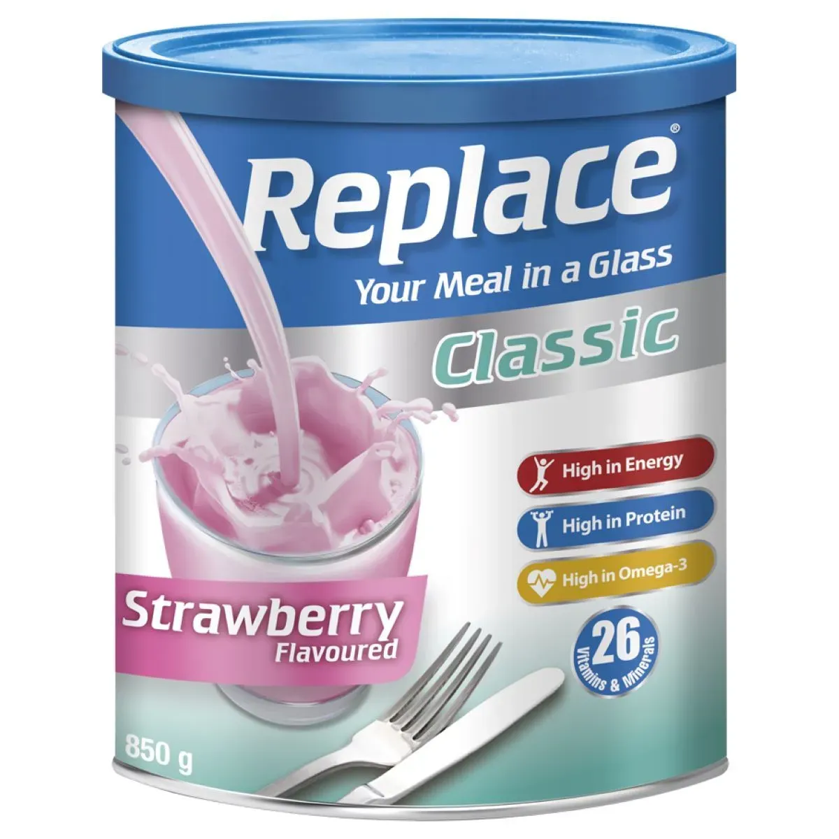 Front of Nativa Replace Classic Strawberry Flavoured meal replacement powder 850 g tin