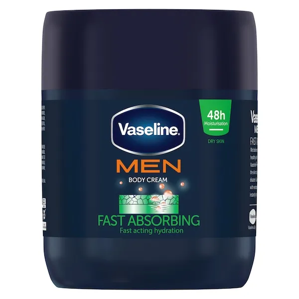 Front of Vaseline Men Fast Absorbing Body Cream 250 ml tub