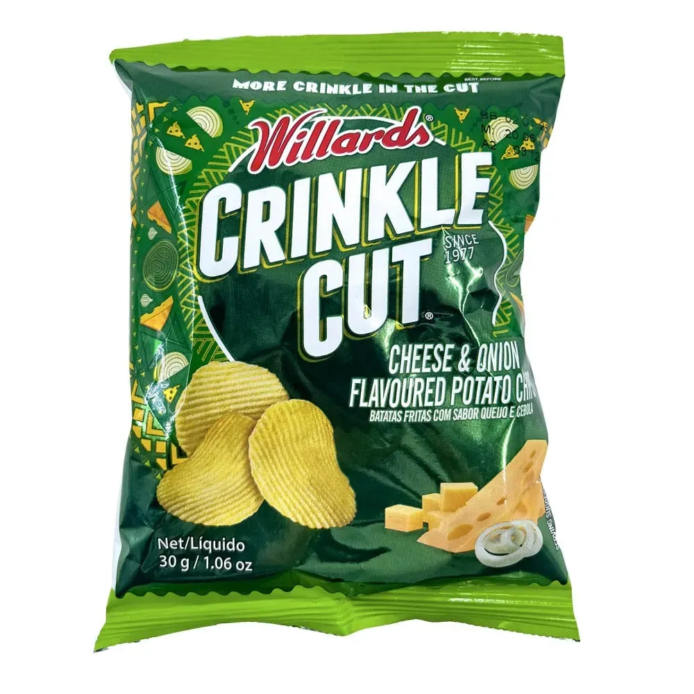 Front of Willards Crinkle Cut Cheese & Onion flavoured potato chips 30 g packet