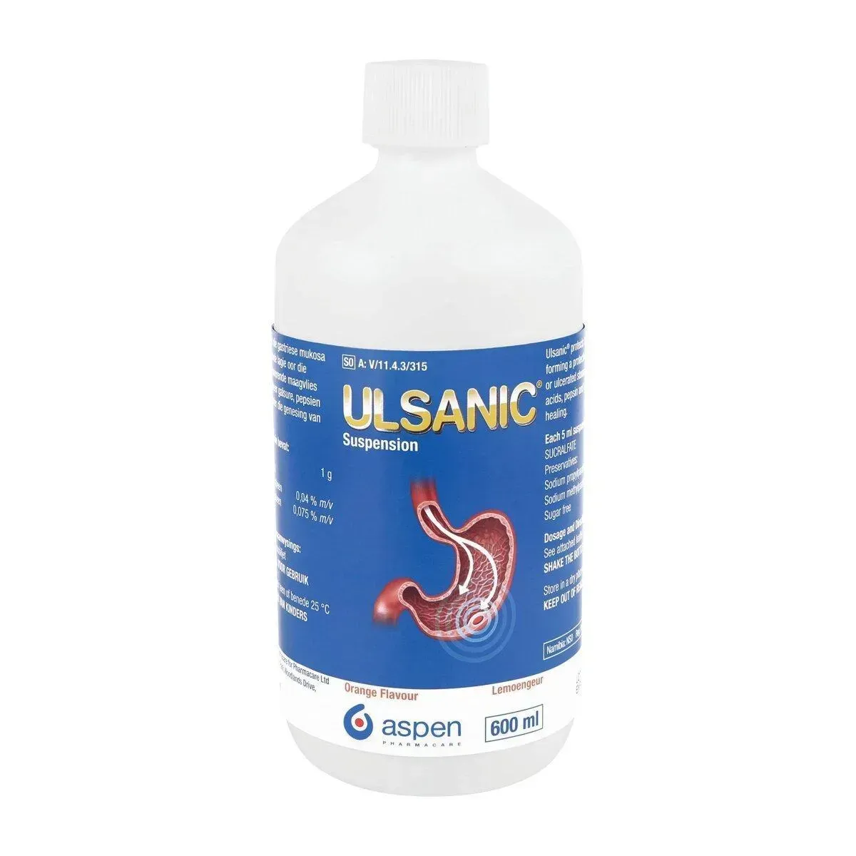 Front of Aspen Ulsanic Suspension Orange Flavour 600 ml bottle, close-up