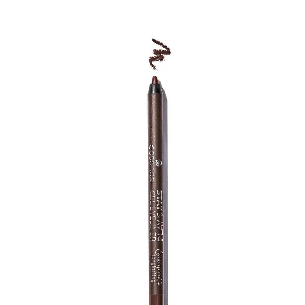 Essence Stay & Play Gel Eyeliner 02 pencil with brown swatch on white background