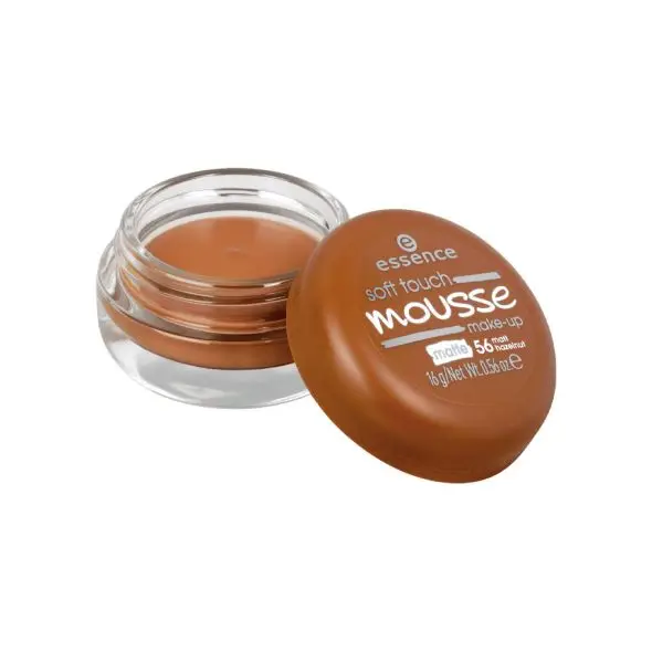 Open jar of Essence Soft Touch Mousse Make-up 56 Matt Hazelnut, 16 g