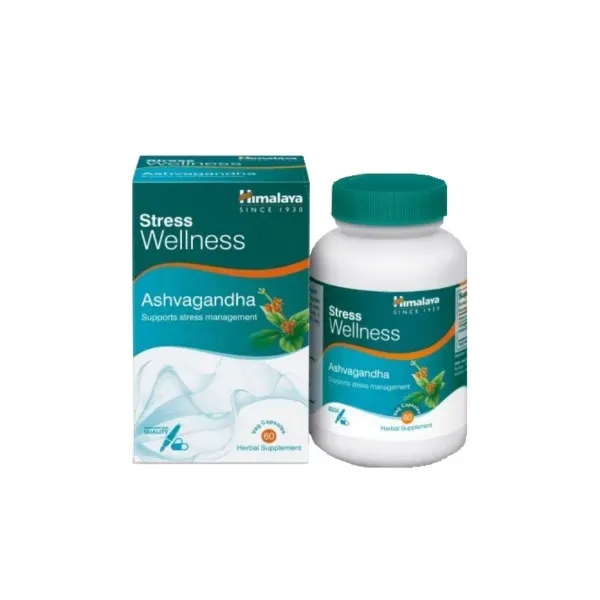Front view of Himalaya Ashvagandha Stress Wellness box and bottle, 60 capsules