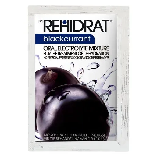 Front of Rehidrat Blackcurrant Oral Electrolyte Mixture single sachet 14 g