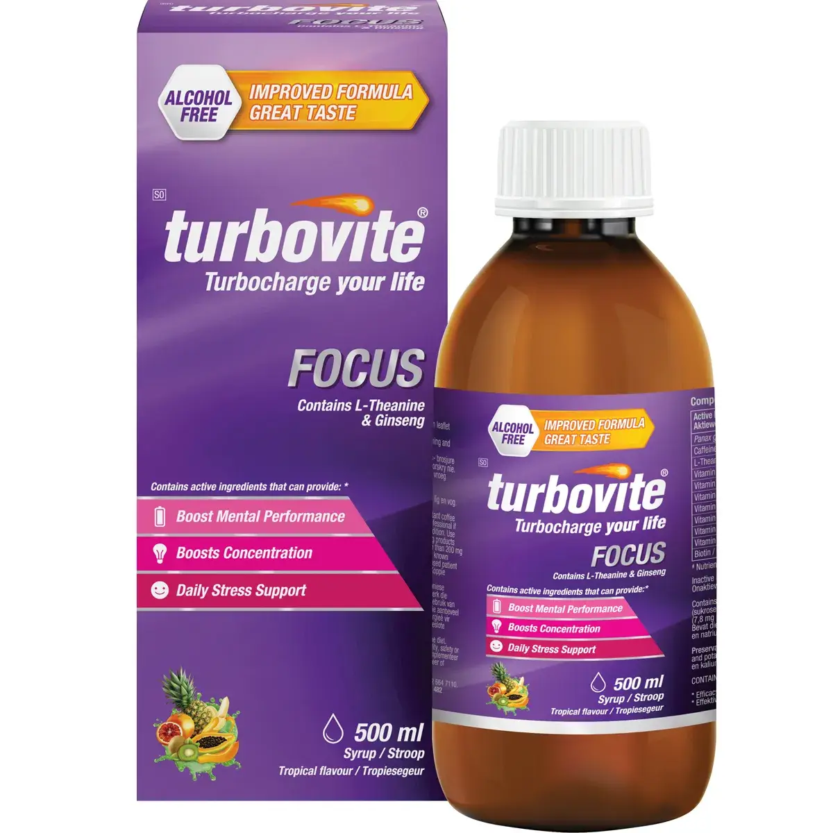 Front of Nativa Turbovite Focus Tropical Flavour syrup box and bottle, 500 ml