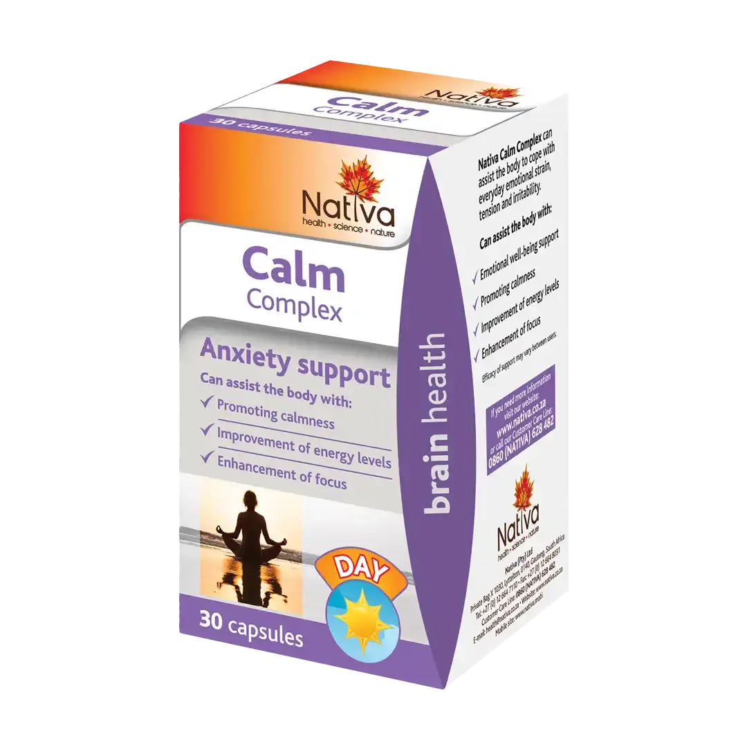 Angled view of Nativa Calm Complex 30 capsules box