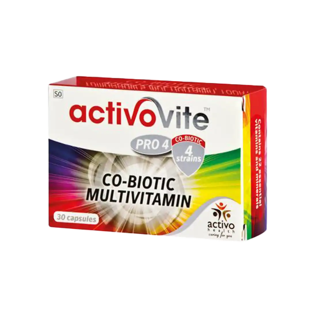 Angled front view of Activo Health ActivoVite Co-Biotic Multivitamin 30 capsules box