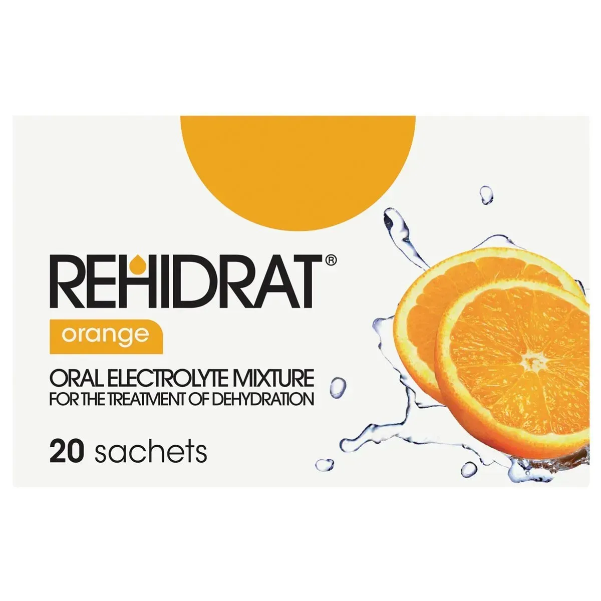 Front of Rehidrat Orange Oral Electrolyte Mixture box, 20 sachets