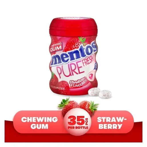 Front of Mentos Pure Fresh Strawberry Sugarfree chewing gum 35 pieces bottle