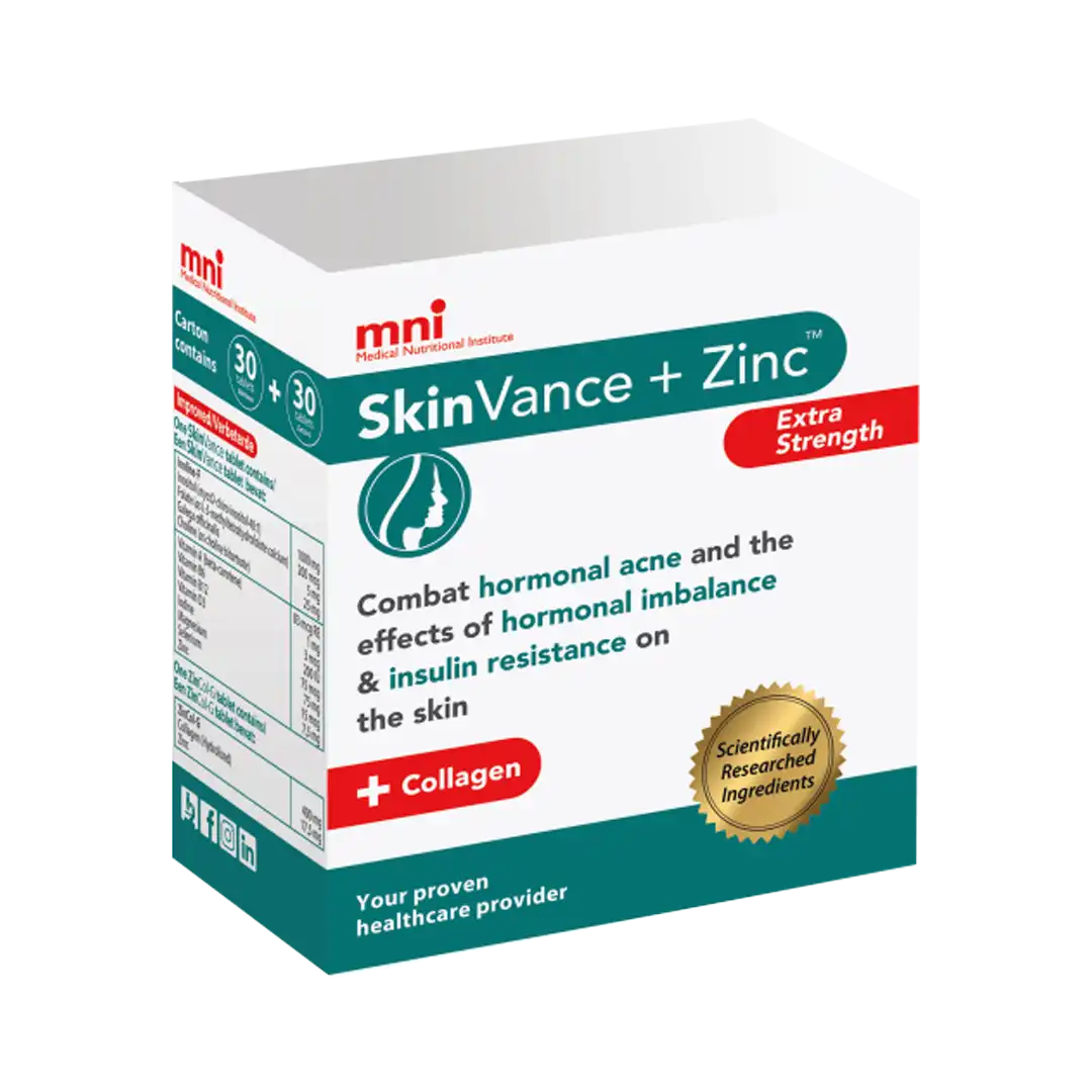 Angled view of MNI SkinVance + Zinc 30 Day Pack box, 30 tablets + 30 capsules