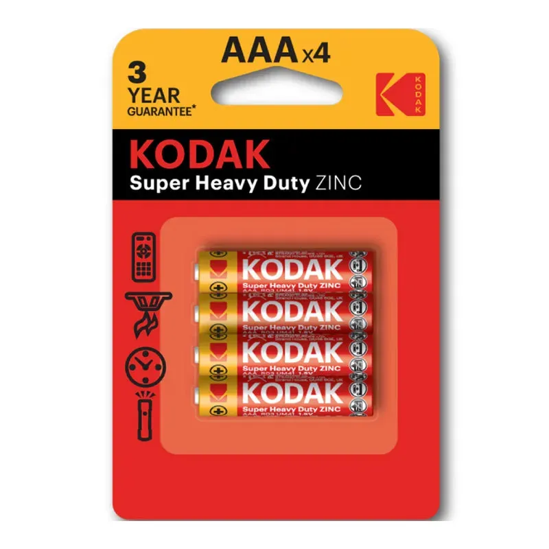 Front of Kodak Super Heavy Duty Zinc AAA batteries, 4 pack