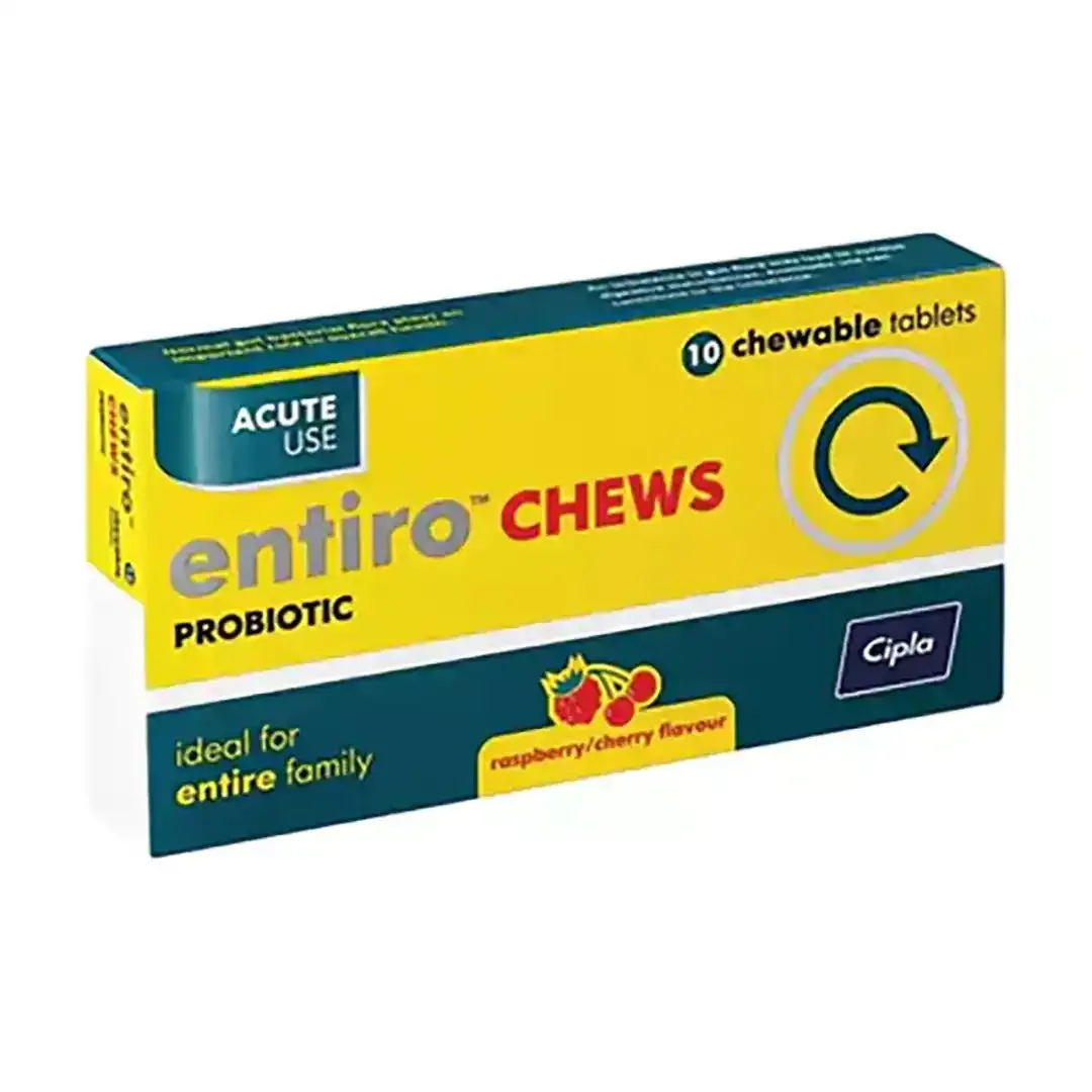 Front of Entiro Probiotic Chews, 10 chewable tablets, raspberry/cherry flavour box