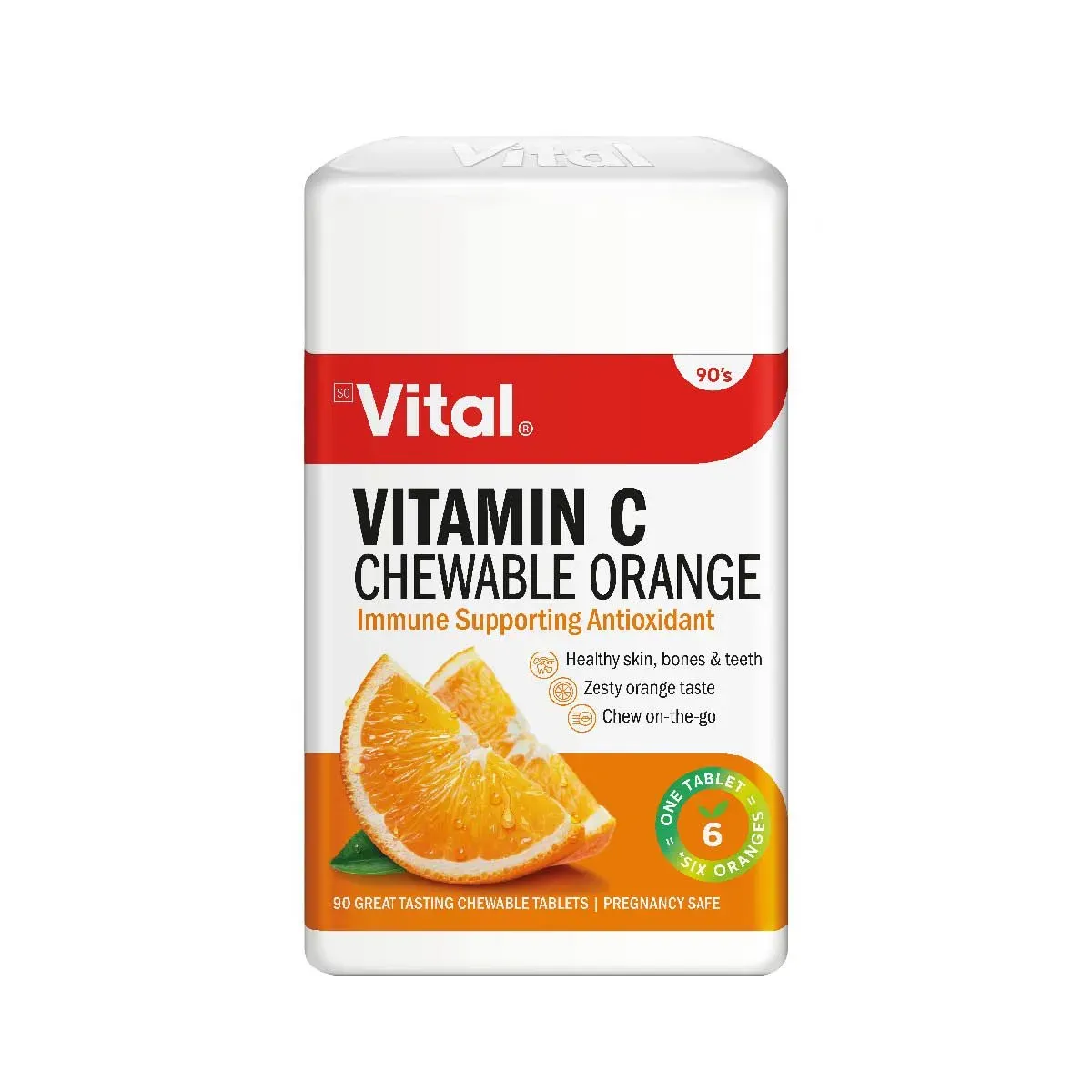 Front of Vital Vitamin C Chewable Orange 90 tablets pack on white background