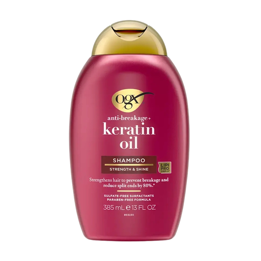 Front of OGX Anti-Breakage+ Keratin Oil Shampoo, 385ml bottle