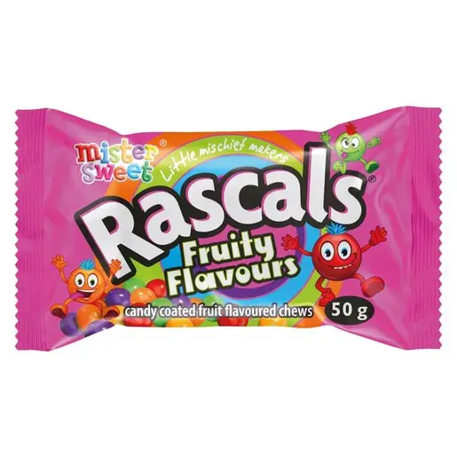 Front of Mr Sweet Rascals Fruity Flavours candy coated fruit chews 50g pack
