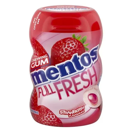 Front of Mentos Full Fresh Chewing Gum Strawberry flavoured nano bottle, 10 pieces