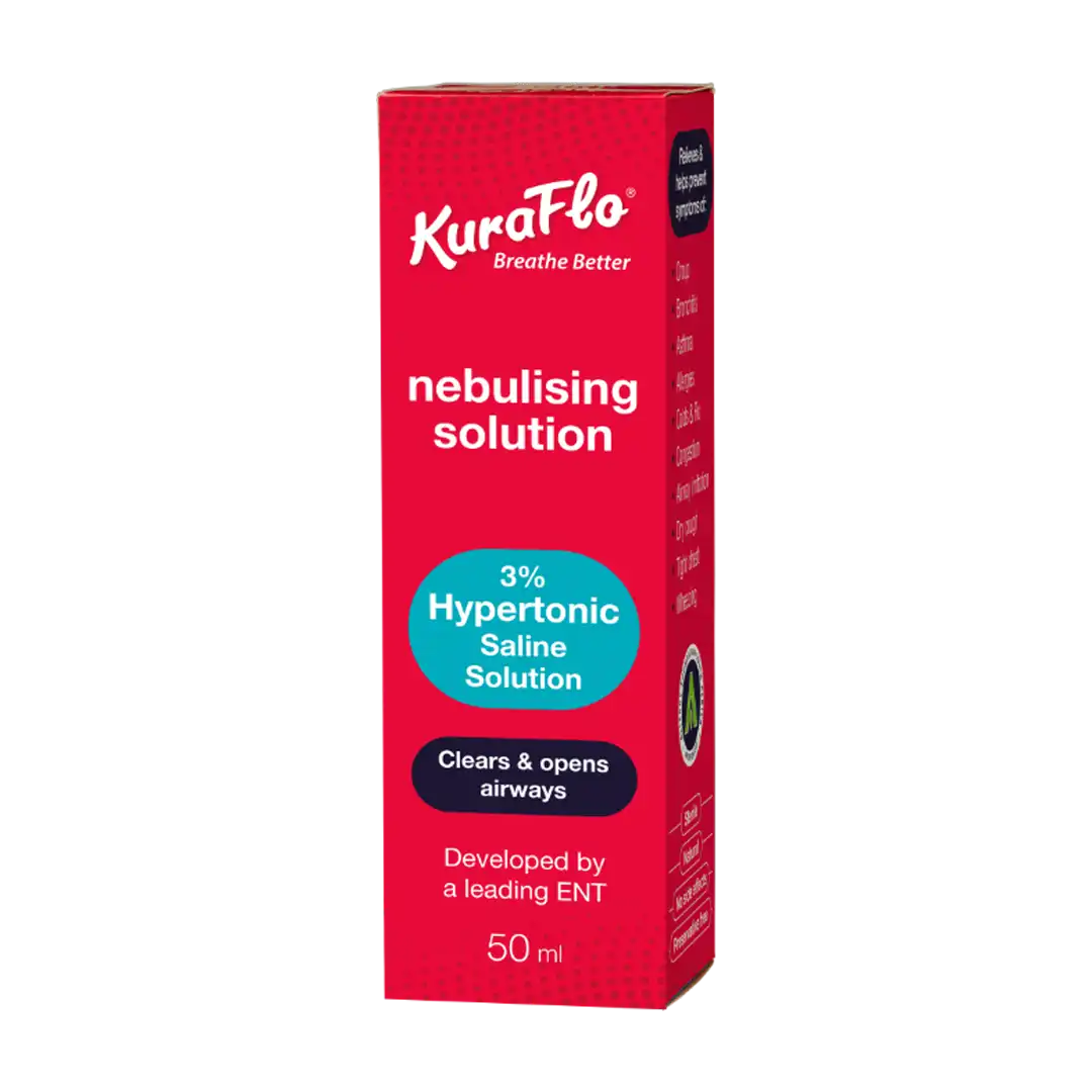 Angled view of KuraFlo Nebulising Solution 3% Hypertonic Saline 50 ml box