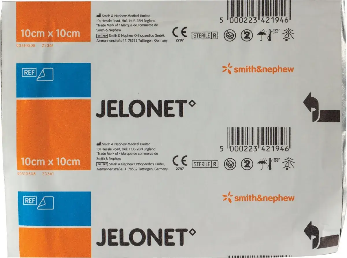 Front of Smith & Nephew Jelonet Paraffin Gauze Dressing 10cm x 10cm pack