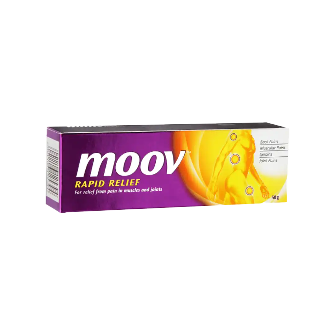 Front of Moov Rapid Relief pain relief cream box, 50 g