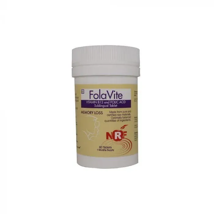 Front of NRF FolaVite B12 and Folic Acid Sublingual Tablets 60's bottle