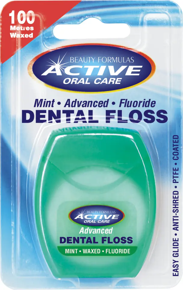 Front of Beauty Formulas Active Oral Care Mint Advanced Fluoride Dental Floss, 100 metres waxed