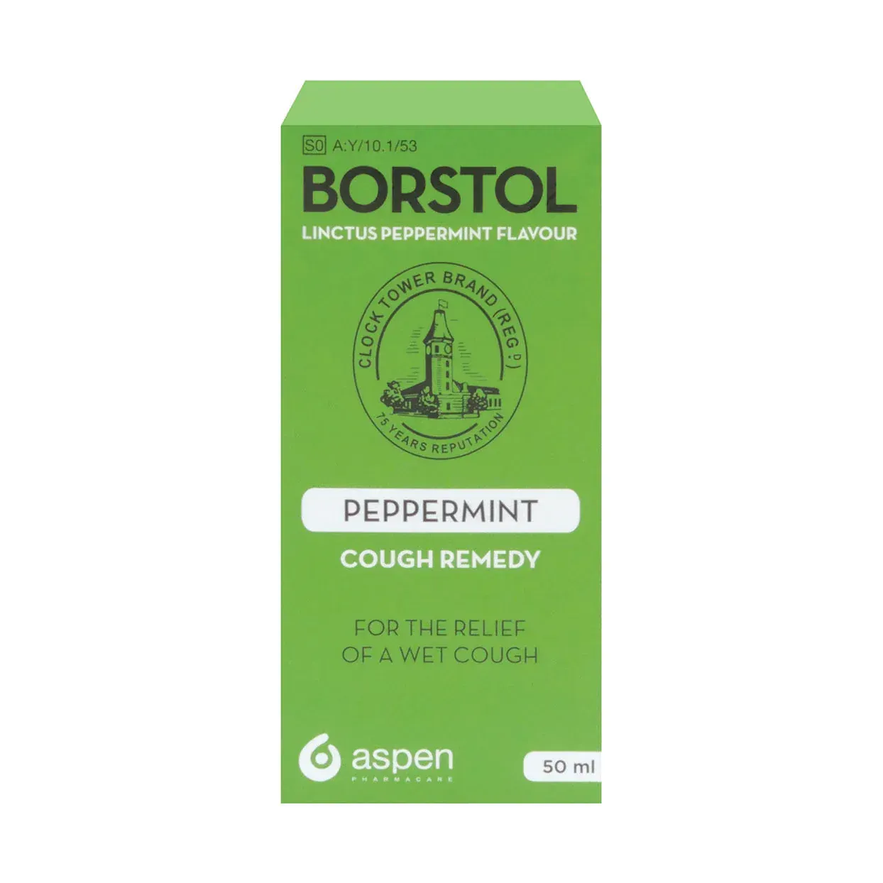 Front of Aspen Borstol Linctus Peppermint Cough Remedy 50 ml box