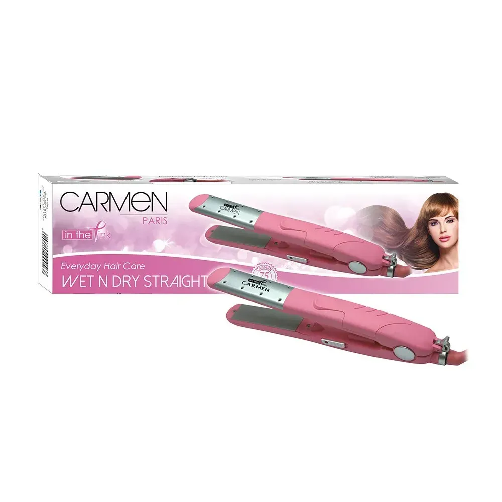 Carmen Wet N Dry Pink Hair Straightener box with straightener shown angled