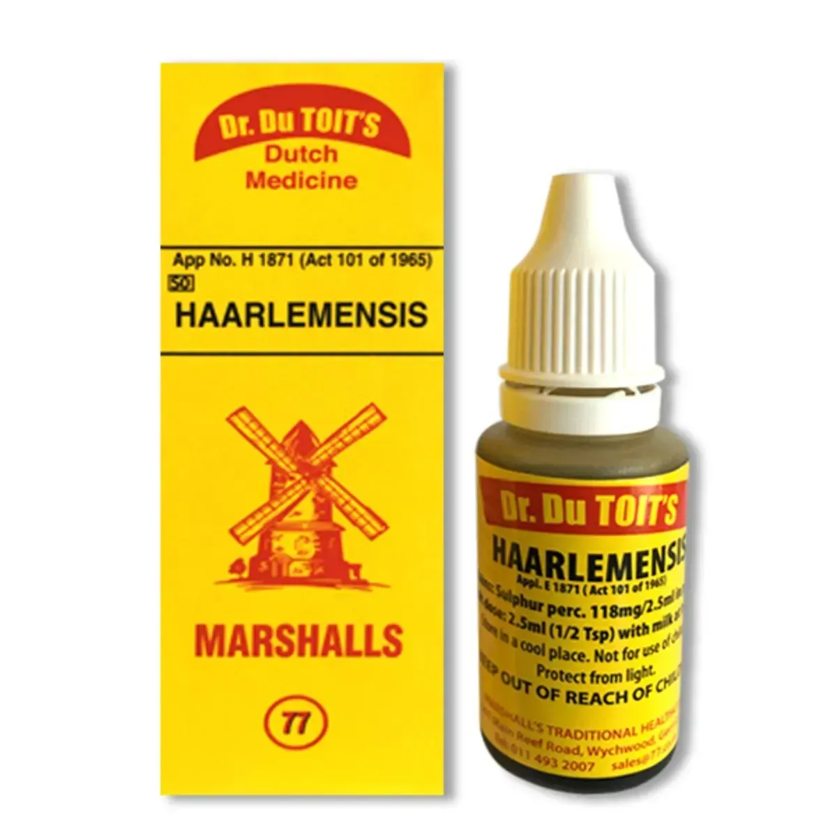 Front of Marshall's Dr. Du Toit's Haarlemensis 20 ml box and bottle