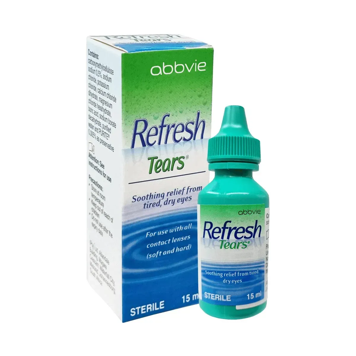 Refresh Tears 15 ml eye drops bottle and box, Abbvie
