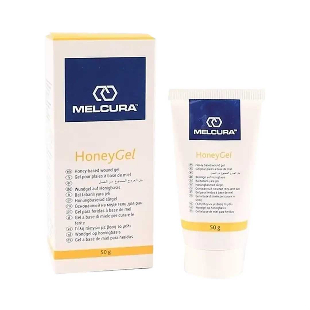 Front of Melcura HoneyGel wound gel box and 50 g tube