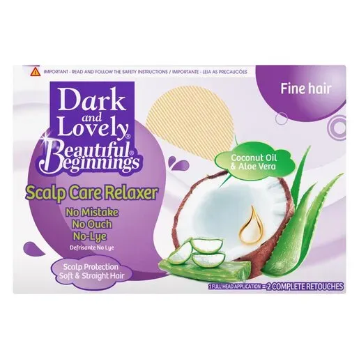 Front of Dark and Lovely Beautiful Beginnings Scalp Care Relaxer Fine Hair kit box