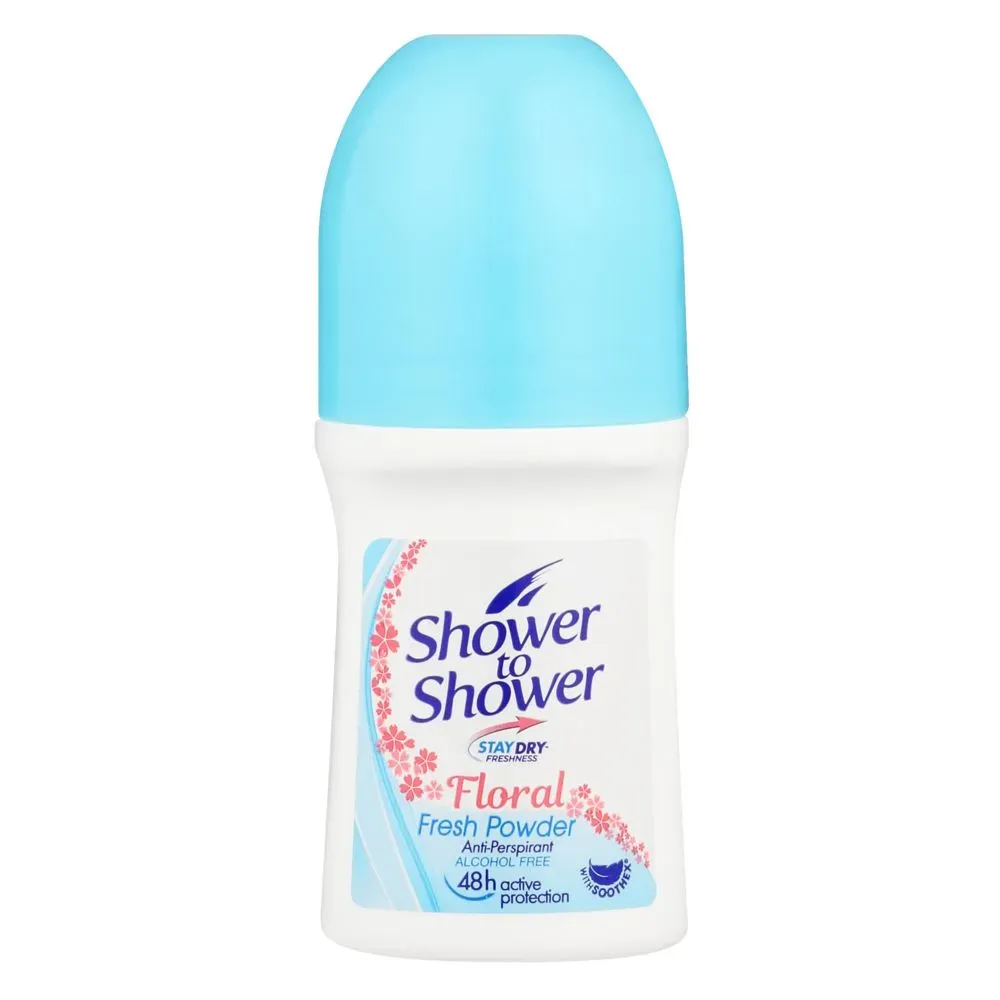 Front of Shower to Shower Floral Fresh Powder anti-perspirant roll-on 50ml on white background