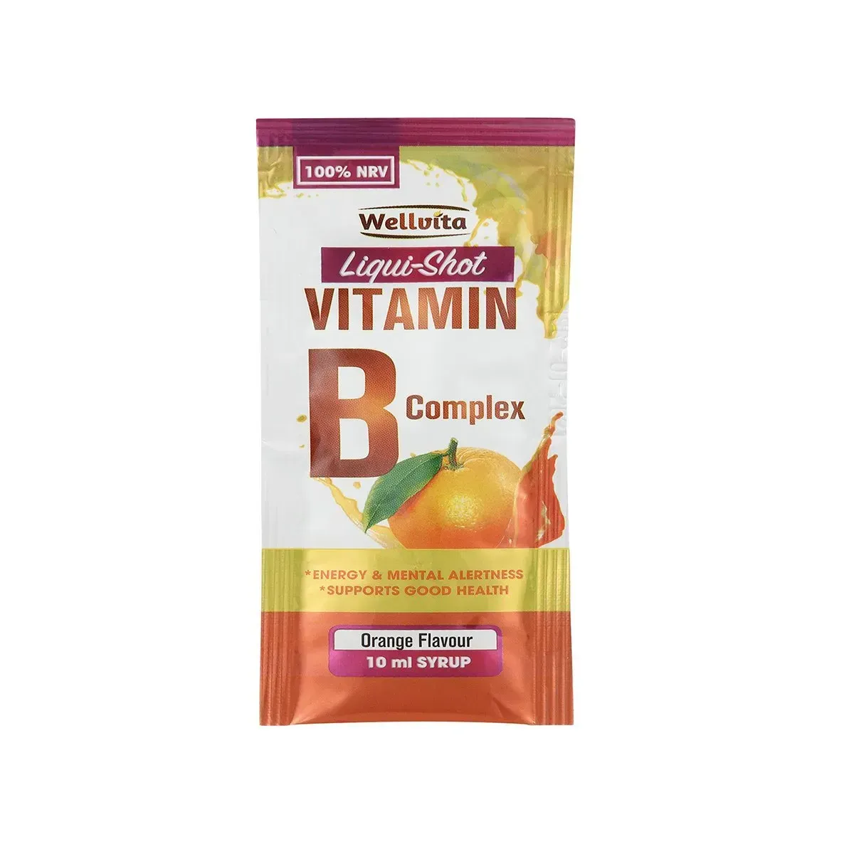 Front of Wellvita Liqui-Shot Vitamin B Complex Orange Flavour 10 ml sachet