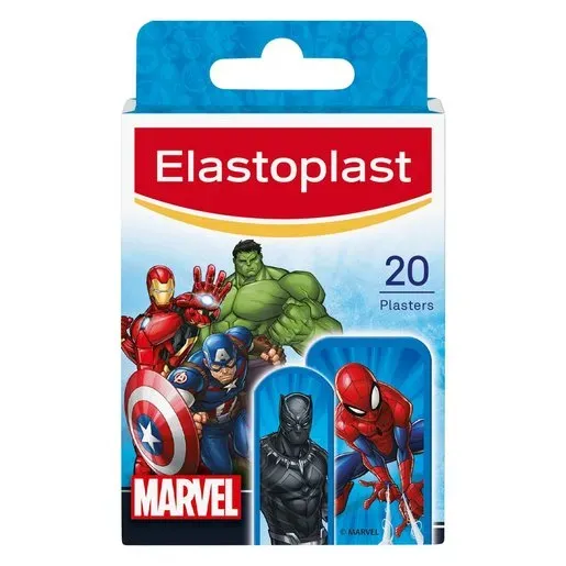 Front of Elastoplast Marvel Kids Plasters 20's box