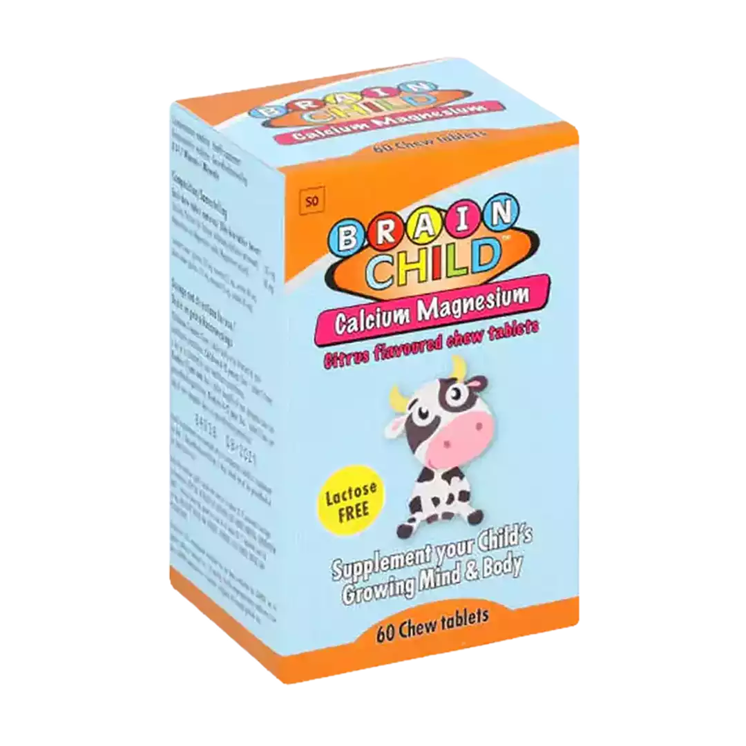 Angled view of Brain Child Calcium Magnesium 60 Chew Tablets box