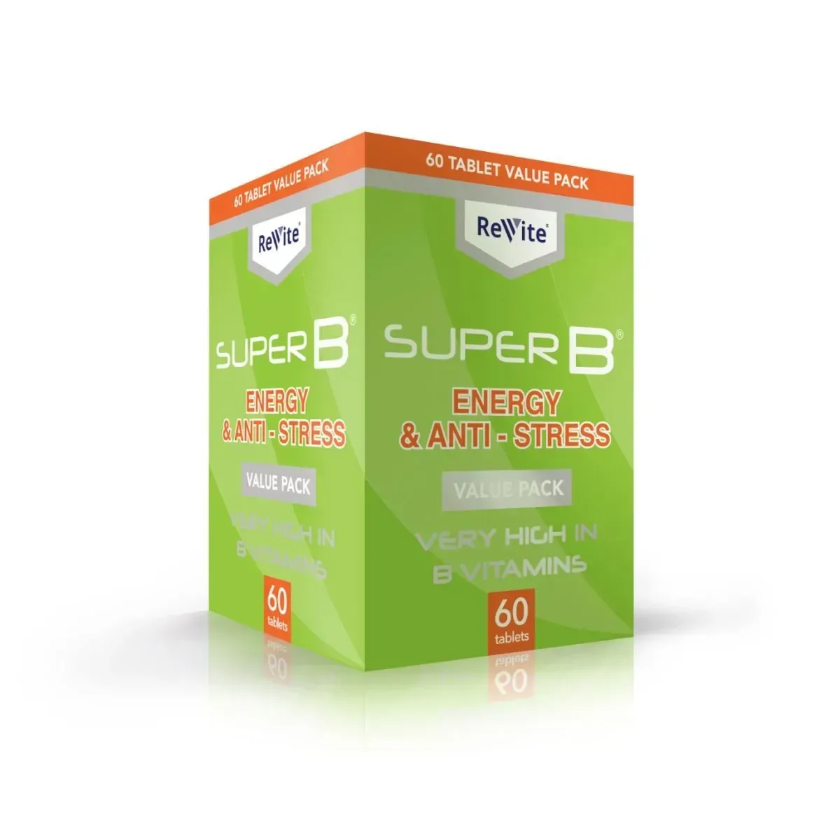 Angled view of Revite Super B Energy & Anti-Stress 60 tablet value pack box
