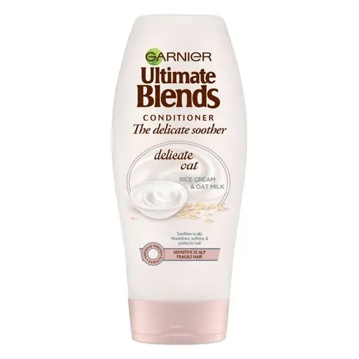 Front of Garnier Ultimate Blends Delicate Oat Milk Conditioner bottle