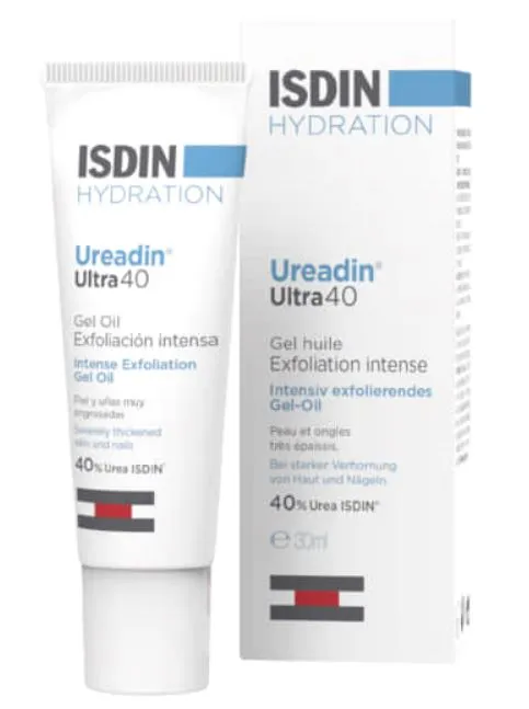 Front of ISDIN Ureadin Ultra 40 Gel Oil 30 ml tube and box