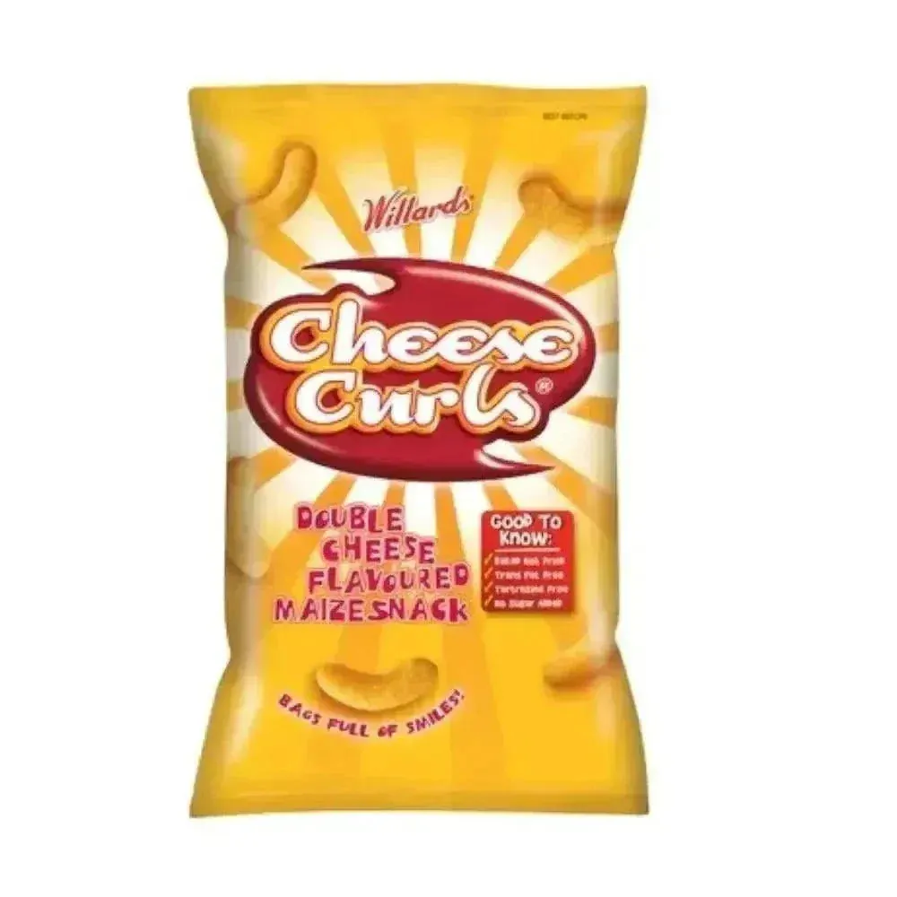 Front of Willards Cheese Curls 150g packet, double cheese flavoured maize snack