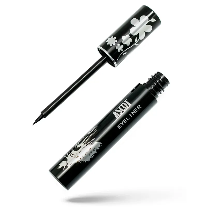 Ascot Waterproof Black Eyeliner Liquid tube open with brush, cap beside it