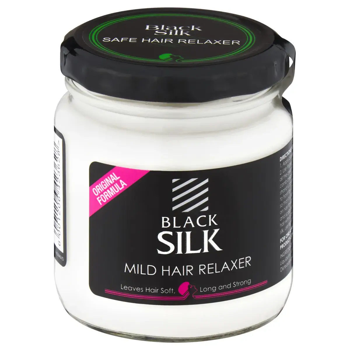 Angled view of Black Silk Mild Hair Relaxer jar 225 ml on white background