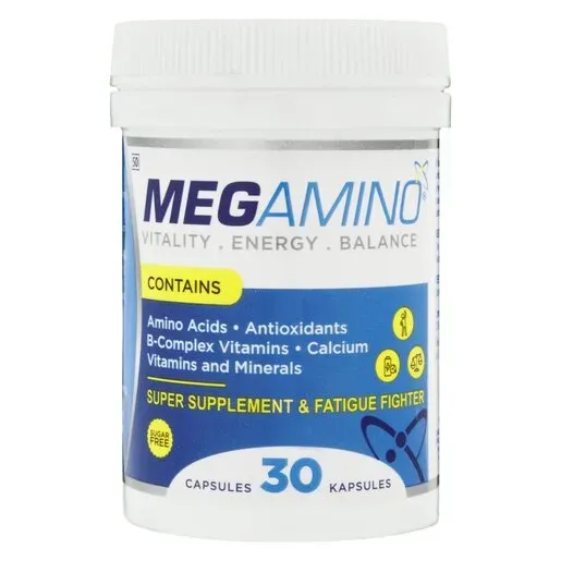 Front of Crux Pharmaceuticals Megamino 30 capsules tub