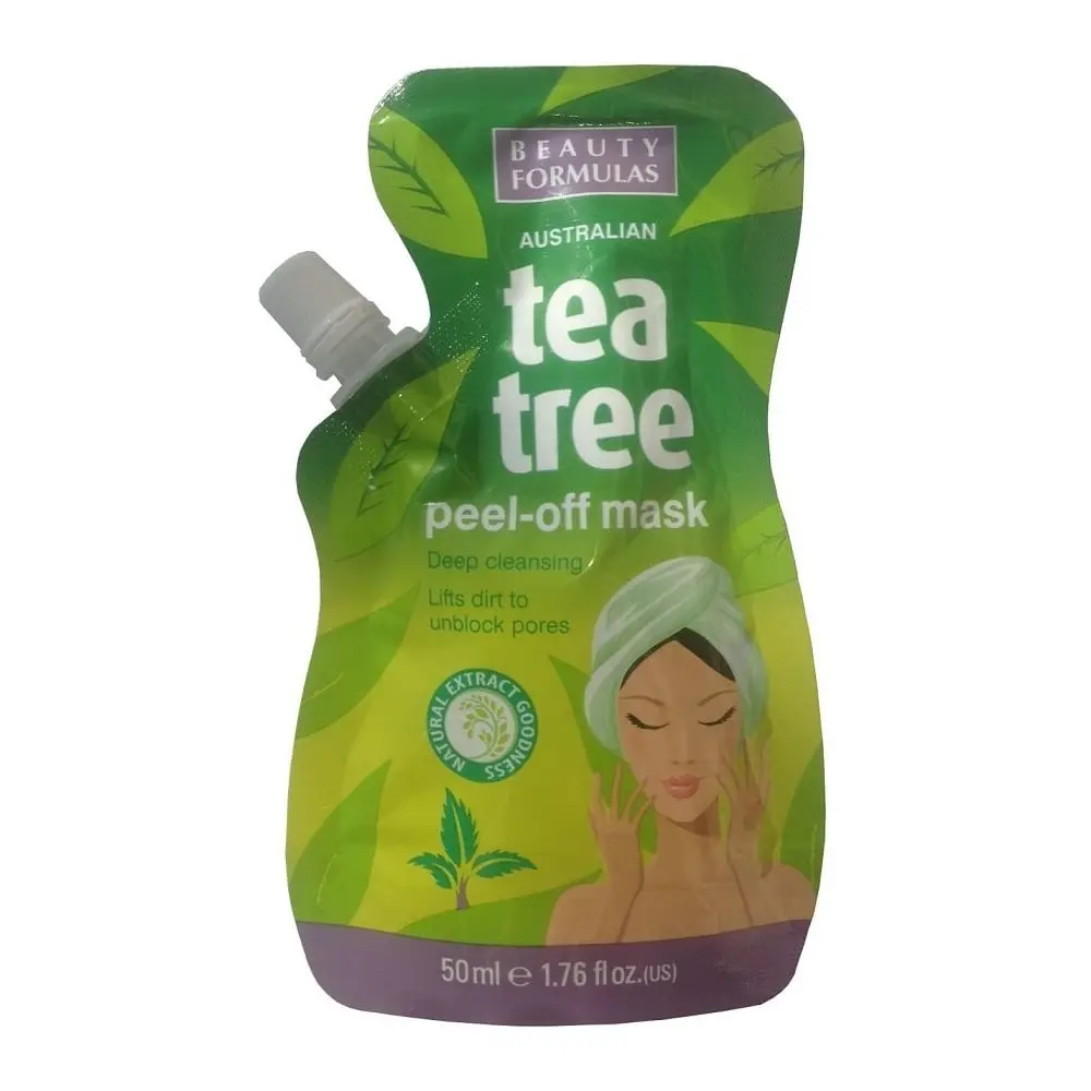 Front of Beauty Formulas Australian Tea Tree Peel-Off Mask pouch, 50 ml