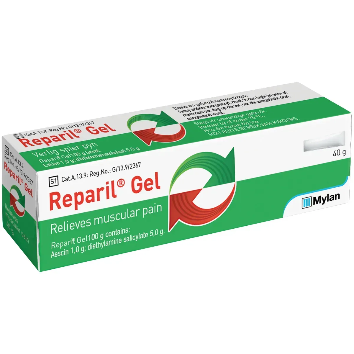 Angled view of Reparil Gel 40 g box by Mylan