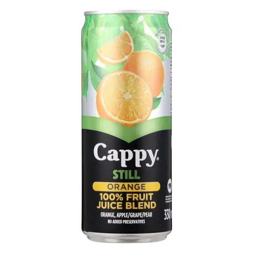 Front of Cappy Orange Still 100% Fruit Juice Blend 330ml can