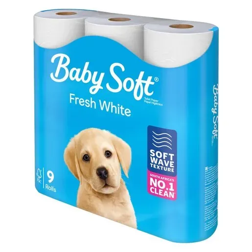 Front of Baby Soft Fresh White 2ply Toilet Paper 9 rolls pack