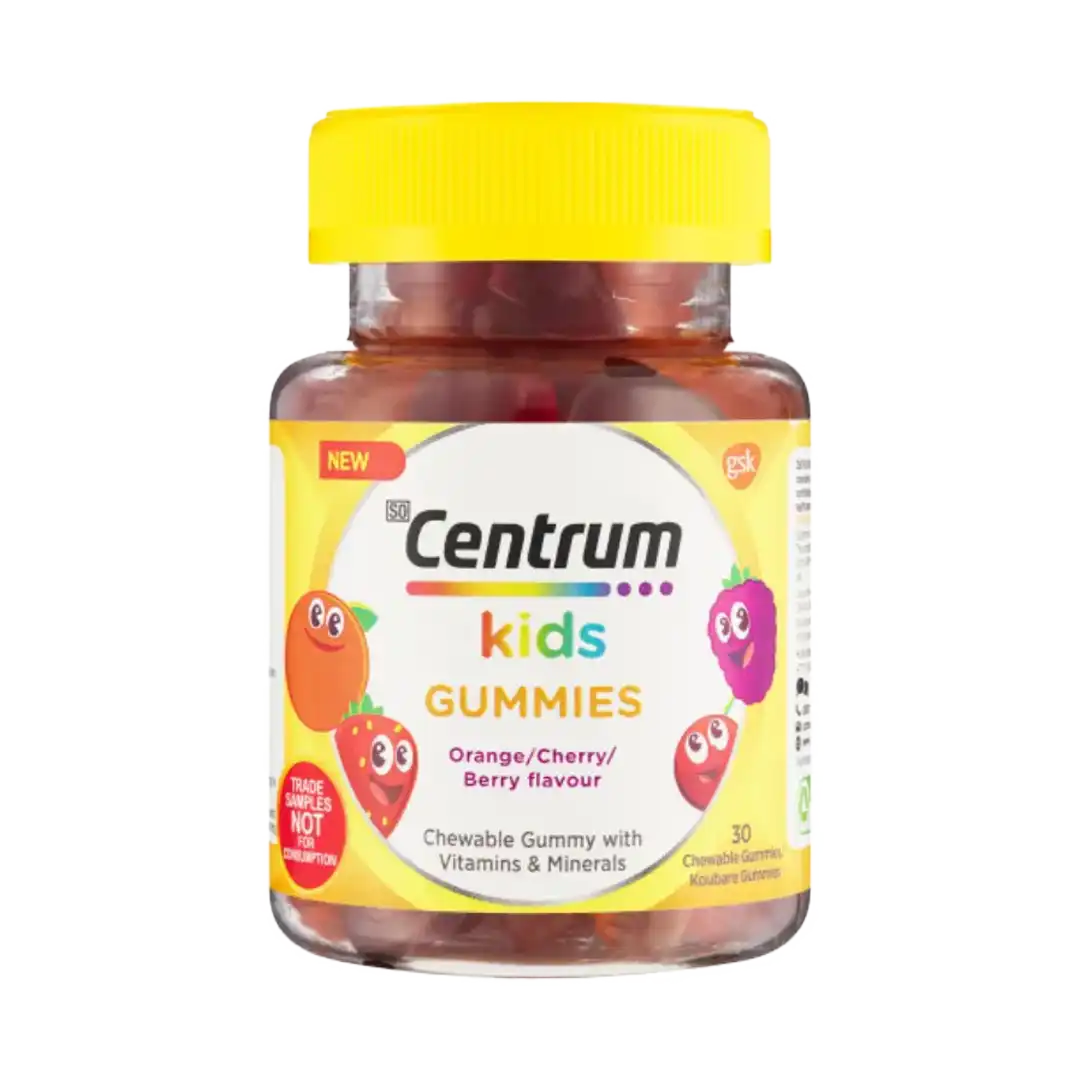 Front of Centrum Kids Gummies Orange/Cherry/Berry flavour, 30 chewable gummies bottle