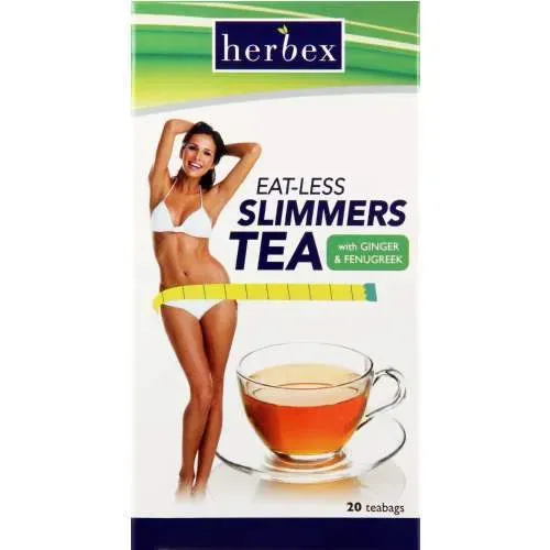 Front of Herbex Eat-Less Slimmers Tea box, 20 tea bags