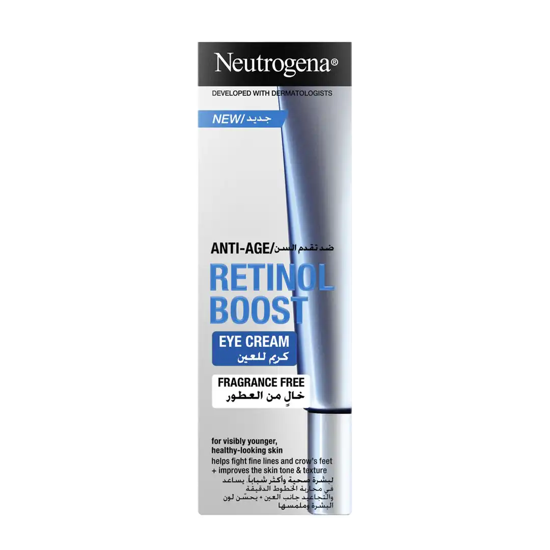 Front of Neutrogena Anti-Age Retinol Boost Eye Cream carton, 15ml