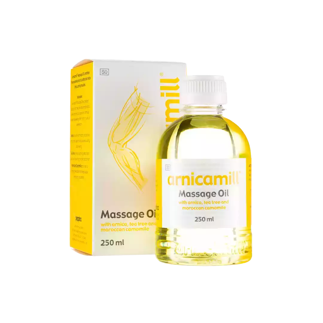 Front of Adcock Ingram Arnicamill Massage Oil 250 ml bottle and box